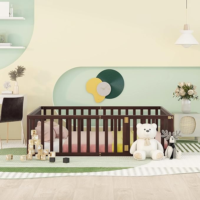 Merax Full Floor Bed with Safety Guardrails and Door, Wood Montessori Floor Bed Frame for Kids, Full Playhouse Bed Frame for Baby Girls and Boys, Walnut