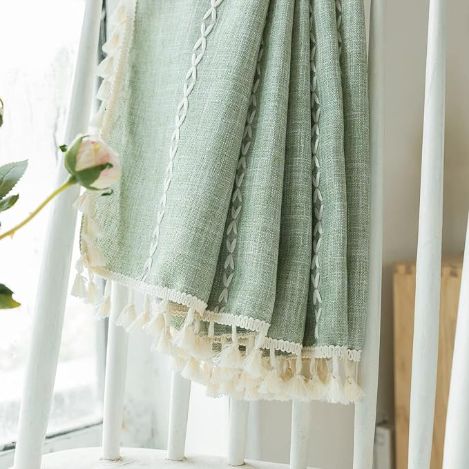Deeprove Green Boho Curtain 72 Inches Long for Bedroom Living Room, Cotton Linen Weighted Stripes Embroidery, Semi Blackout Bohemian Farmhouse Window Treatment Drape Tassels 1 Panel W52 x L72, Sage