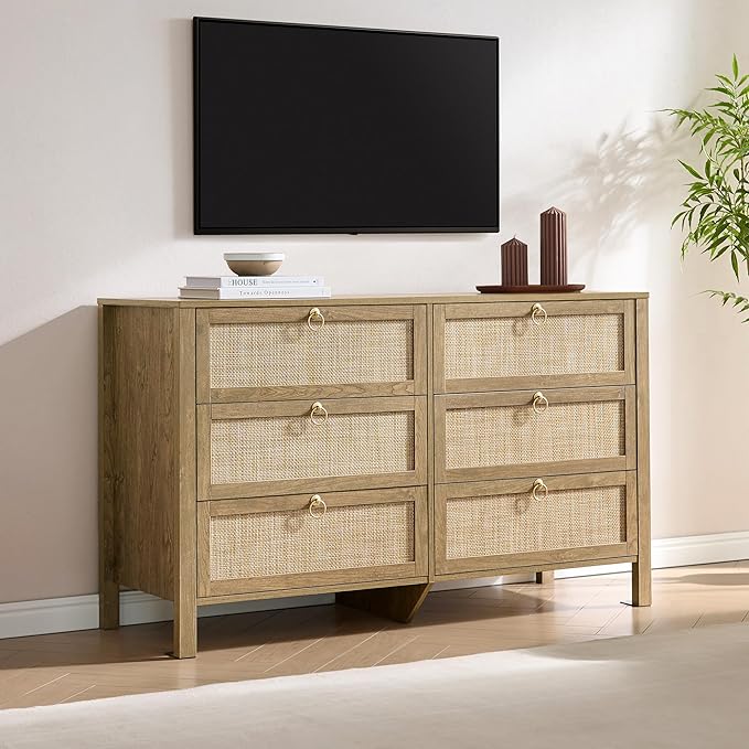 SICOTAS 6 Drawer Dresser for Bedroom - 51" Wide Rattan Dressers Chest of Drawers for Closet, Larger Storage Cabinet Farmhouse Boho Dresser TV Stand for Living Room, Hallway (Carbon Cherry)