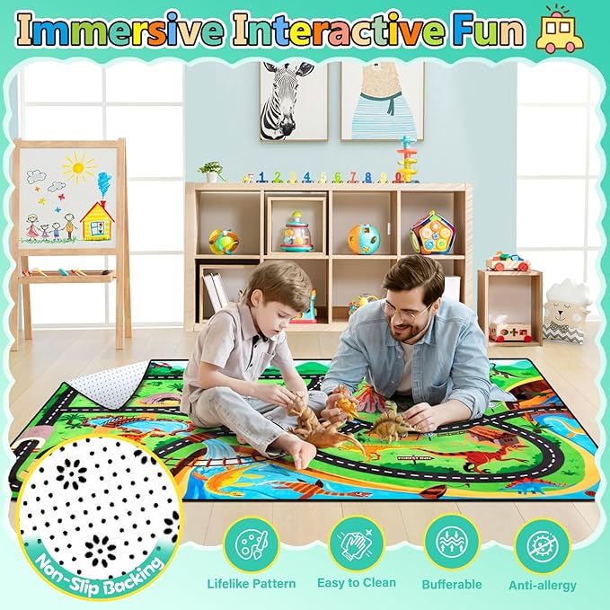 Kids Rug, Car Carpet for Kids' Toy Cars, 5x7 Ft Dinosaur Rug, Dino Safari Road Mat for Playroom, Educational Learning & Game Area Playmat Carpet for Children