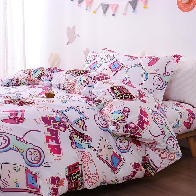 JSD Pink Gamer Kids Duvet Cover Set Twin Size, 2 Piece Soft Printed Microfiber Comforter Cover with Pillow Sham Zipper Closure, Comforter Not Included