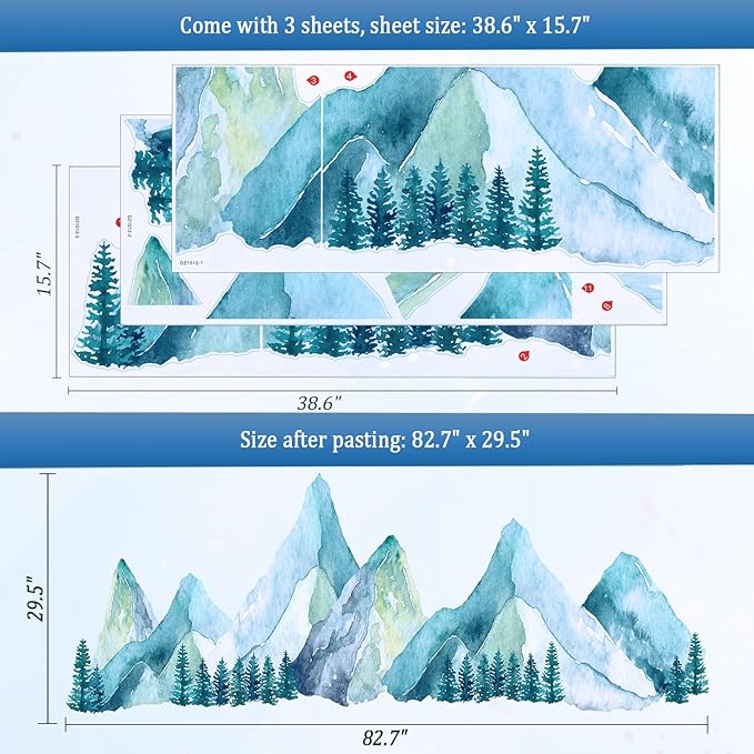 Large Mountain Wall Decals, Blue Pine Tree Peel and Stick Vinyl Wall Stickers & Murals, Removable Home Room Wall Decor for Bedroom Living Room Bedroom Classroom Office Nursery
