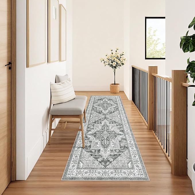WITSHOCK Boho Area Rugs Machine Washable for Living Room Bedroom, 2x6 Vintage Non-Slip Stain Resistant Floor Carpet Indoor for Bedroom Kitchen Entryway Bathroom, Gray