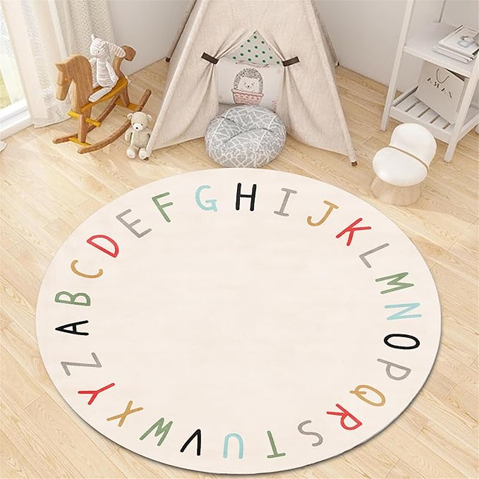 Children's Round Play Rug,3.3ft,ABC Letter Educational Rug, Soft and Fluffy Imitation Cashmere Rug, Non-Slip Washable Floor Mat for Children's Room, Suitable for Nursery, Classroom, Playroom