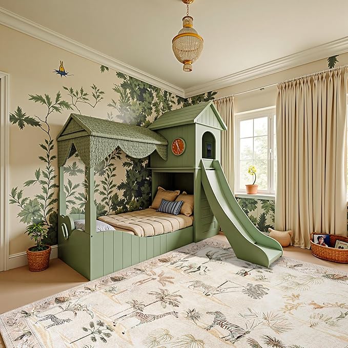 jinchan Jungle 8x10 Beige Animals Print Living Room Rug, Machine Washable Soft Ultra-Thin Non-Slip Area Rug, Throw Carpet for Bedroom Kids Playroom Dining Room Courtyard (8'x10', Beige)