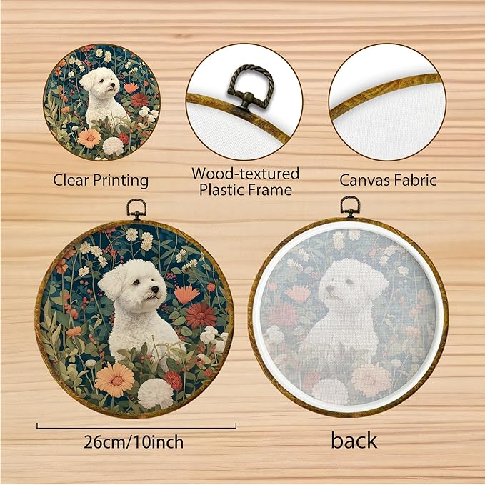 Hiuwevt Vintage Floral Bichon Frise Round Wall Art Decor, Bichon Frise Gifts Framed Canvas Prints, Cottagecore Flower Dog Round Wall Hanging Decor for Home Bedroom Room Decorations, 10x10 Inches