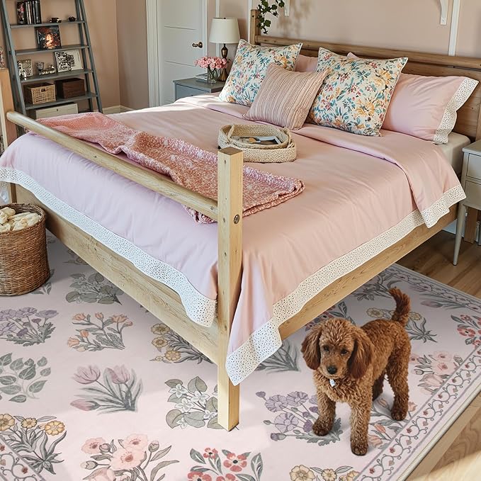 Wonnitar 8x10 Washable Rug, Pink Rugs for Girls Bedroom Decor, Boho Ultra-Thin Non Slip Soft Moroccan Floral Large Carpet for Living Room Baby Nursery Kids Playroom, Pale Pink