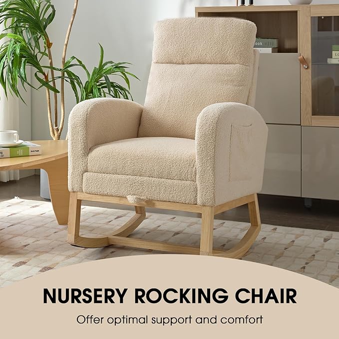 NIOIIKIT Modern Nursery Rocking Chair, Teddy Upholstered Rocking Chair with Footrest, Comfortable Rocker Recliner with Side Pocket, Glider Rocker for Living Room, Bedroom, Nursing Room (Cream)