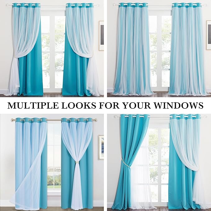 PONY DANCE Blackout Curtains 84 Inch Length - Layered Curtain Mix and Match Room Darkening Drapes with White Sheer Overlay Elegance Window Drapes with Tiebacks (One Pair, Teal Blue, 52 Inches Wide)