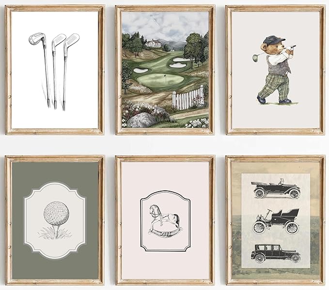 VHQXFQHU 6Pcs Sage Green Vintage Nursery Wall Art Teddy Bear Golf Sports Wall Decor Toddler Vehicle Painting Pictures Vintage Cars Farmhouse Poster for Kids Boys Room Playroom Bedroom 8x10in Unframed