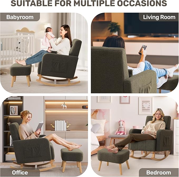 Rocking Nursing Chair with Ottoman, Upholstered Glider Rocker Armchair with High Backrest and Side Pocket, Comfy Reading Chair with Solid Wood Legs for Nursery, Living Room,Bedroom, Green