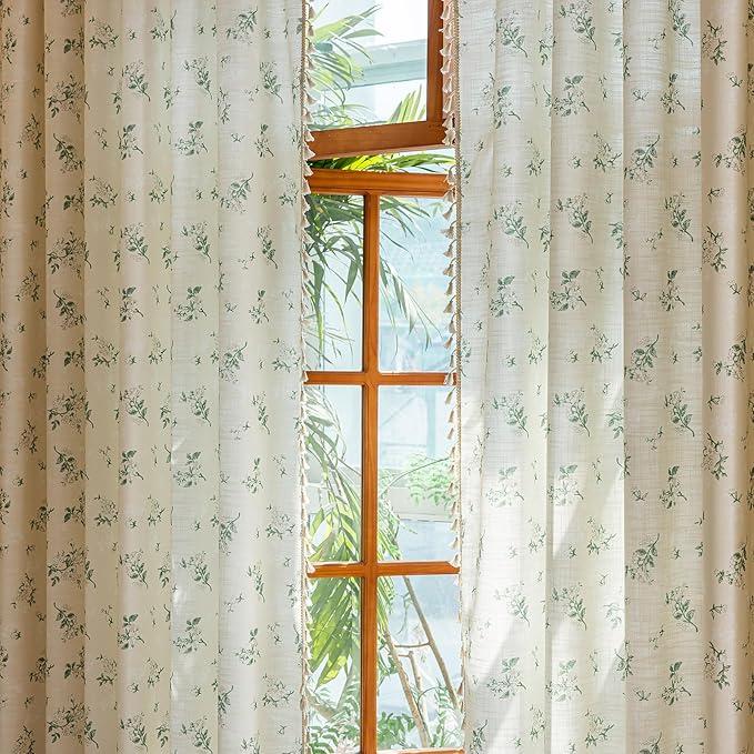 OYX Sage Green Spring Floral Curtains 63 Inch Length 2panels for Living Room, French Country Vintage Light Filtering Patterned Aesthetic Drapes for Bedroom, Rod Pocket Decor Window Treatment Curtains