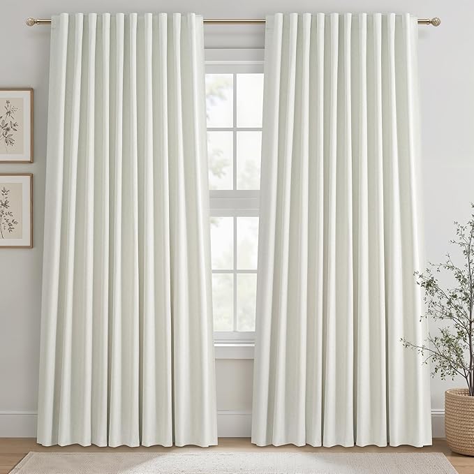 Cute Blackout Curtains 70 Inches Extra Wide Linen 90 Inch Length for Living Room/Sliding Glass Door,Pleated Heavy Duty Thermal Drapes for Winter Thick Large Window(70"Wx90"L 2 Panels Beige White)