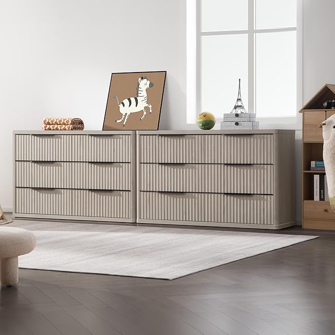 SICOTAS Dresser for Bedroom 107" Wide 6 Drawer Dressers & Chests of Drawers for Closet Long Large Modern TV Stand Set for Clothes Storage Fluted Wide Clothes Closet for Hallway Entryway, White Alder