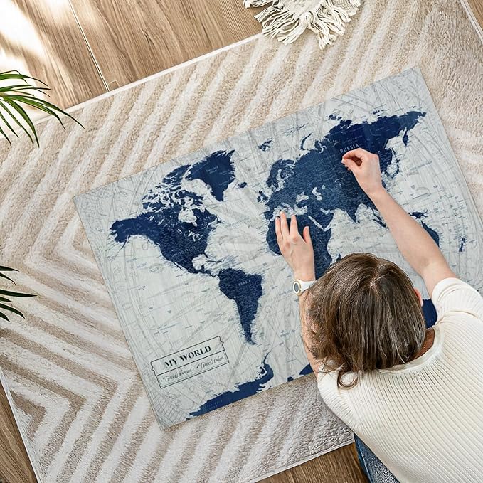 ElephantStock - My World Push Pin Map V Wall Art - Horizontal Canvas Wall Art - Living Room Wall Decor - Unique Map Canvas Art - Gray And Blue Decor - 39" x 26"