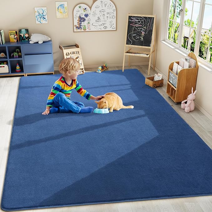 Amearea Modern Area Rugs for Bedroom Living Room, 4x6 Feet Blue Thickened Memory Foam Rug, Fluffy Indoor Washable Rugs Non Slip Minimalist Carpet for Kids Boys Girls Dorm Nursery Room Decor
