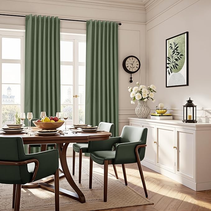 100% Blackout Curtains 126 Inch Length 2 Panels Set Linen Blend Textured for Bedroom Olive Green Back Tab Hook Belt Room Darkening Farmhouse Thermal Insulated Soundproof Drapes for Living Room 52x126