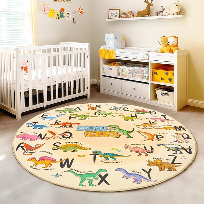Kids Rugs for Playroom, 5'x5' Round Educational Rug for Learn The ABC Alphabet, Soft Machine Washable Non-Slip Cute Dinosaur Carpet for Classroom Toddler Nursery Kids Room Decor Mat, Beige