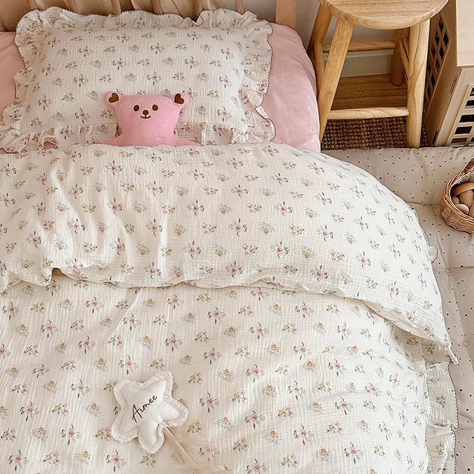 AOJIM Kids Muslin Duvet Cover with Azalea Pattern, Pure Cotton Floral Print Toddler Bedding Comforter Cover 1 Piece 47X59'', Ruffled Edges Crib Duvet Cover 2-Layer Muslin for Boys Girls, No Comforter