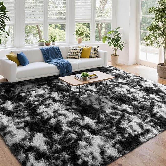 DweIke Fluffy Black White Shag Rugs for Bedroom Living Room, 8x10 Large Soft Plush Tie-Dyed Cow Girls Boys Kids Rug, Non-Slip and Machine Washable Carpet for Dorm Nursery Classroom Decor
