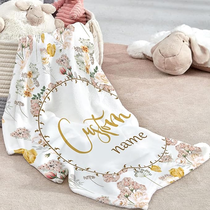 Custom Baby Crib Bedding Set - Pink Flowers Design Personalized Name Baby Nursery Bedding 3 Pcs Set - Chic Soft Blanket, Fitted Sheet, Room Rug for Newborns Boys Girls Gifts