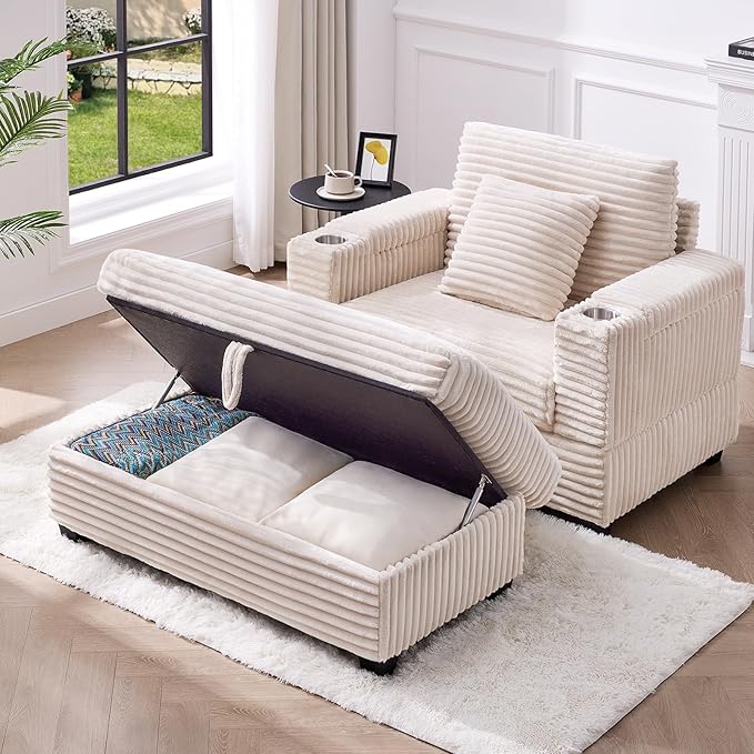 ONBRILL Corduroy Oversized Chair with Ottoman, 44" Wide Armchair with Cup Holders & USB Port, Reading Chair w/Storage Armrest, Easy Assembly, Comfy Single Sofa Bed for Living Room, Apartment, Beige