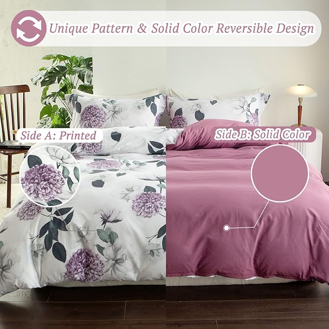MILDLY 100% Washed Cotton Duvet Cover - Hydrangea Floral Comforter Cover Set Botanical Flower Pattern Bedding Set with Zipper Closure 4 Ties Twin Size