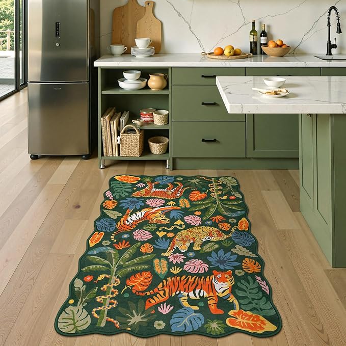 LEEVAN 3x5 Bedroom Rug Washable Tiger Kitchen Rugs Non Slip Green Entryway Mat Scalloped Bathroom Floor Pad Leopard Living Room Rug Low Pile Playroom Carpet Jungle Kids Mat