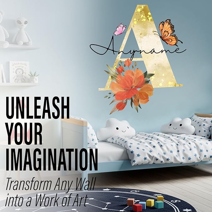 Custom Name Wall Decal Personalized Name with Butterfly Floral Flowers Transparent DTF Vinyl Removable Nursery Wall Decal for Kids Room, Teen Bedroom, Car, Cute Home Decor Gifts for Her Him
