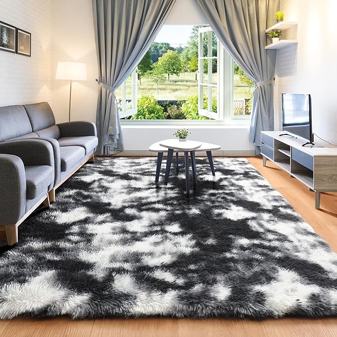 ONASAR Black and White Area Rugs for Living Room Bedroom, 5x8 Fluffy Rug, Washable Soft Plush Shag Floor Carpet for Nursery Kids Girls Boys Teen Baby Dorm Bedside Playroom Indoor Home Decor Aesthetic