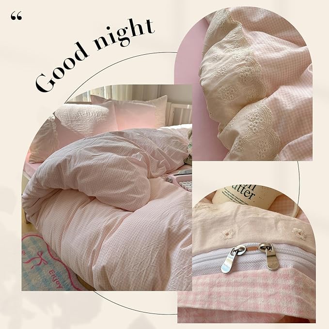 LifeTB Pink Gingham Duvet Cover Full Size 3 Pieces Romantic Lace Duvet Cover Pink Plaid Checkered Comforter Cover with 2 Pillowcases Soft Breathable Microfiber Grid Farmhouse Plaid Bedding Set