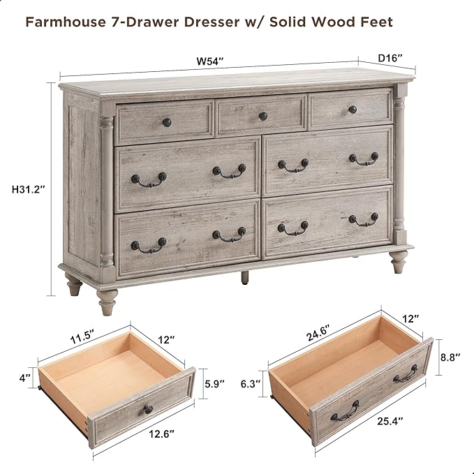 T4TREAM Farmhouse 7 Drawers Dresser Chests for Bedroom w/ 4 Solid Wood Feet & Column Decor, Tall Wide Wood Country Rustic Chest of Drawers, Storage Dressers for Bedroom, Living Room, Light Rustic Oak
