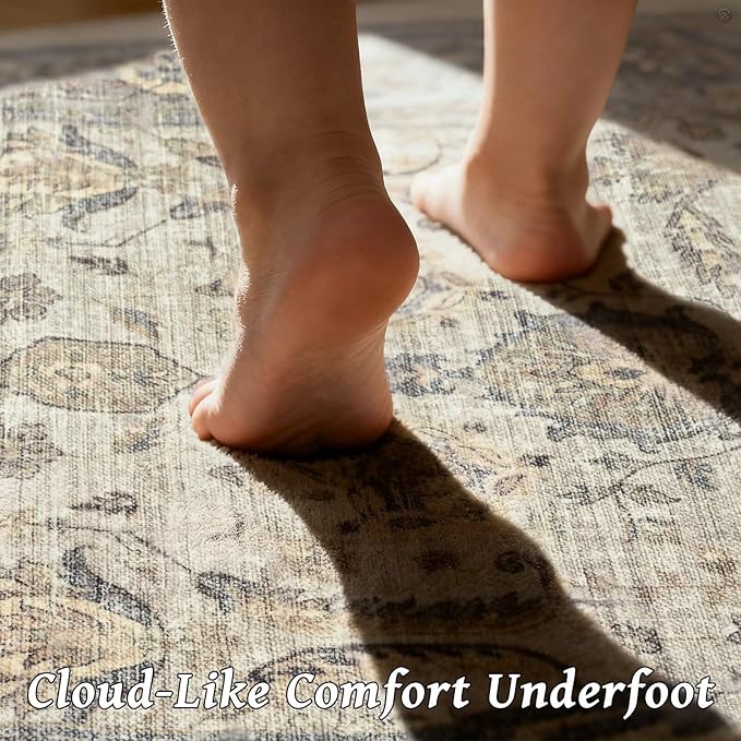 Washable 10x14 Area Rugs for Living Room, Boho Non-Slip Vintage Distress Large Rugs for Bedroom Dining Room Office, 0.3" Neutral Oriental Throw Thin Carpet, Flaxen/Brown/Multi
