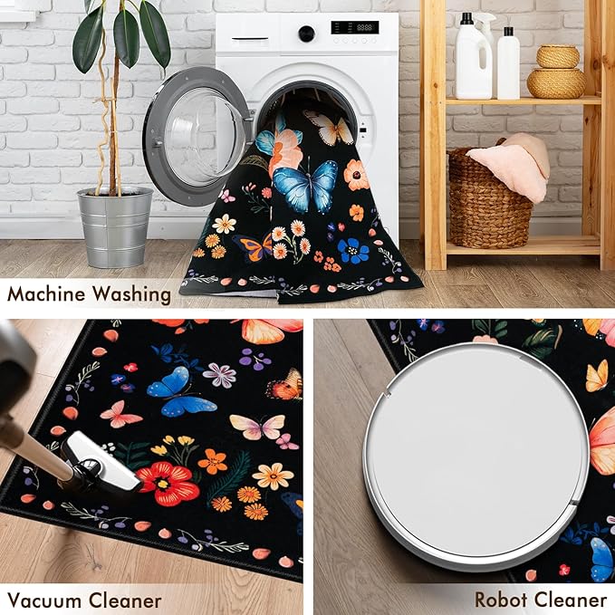 8x10 Machine Washable Area Rug, Non-Slip Large Vintage Floral Floor Rugs for Kids, Low Pile Room Carpet for Living Room, Bedroom, Dining Room & Nursery(8x10 Black Floral)
