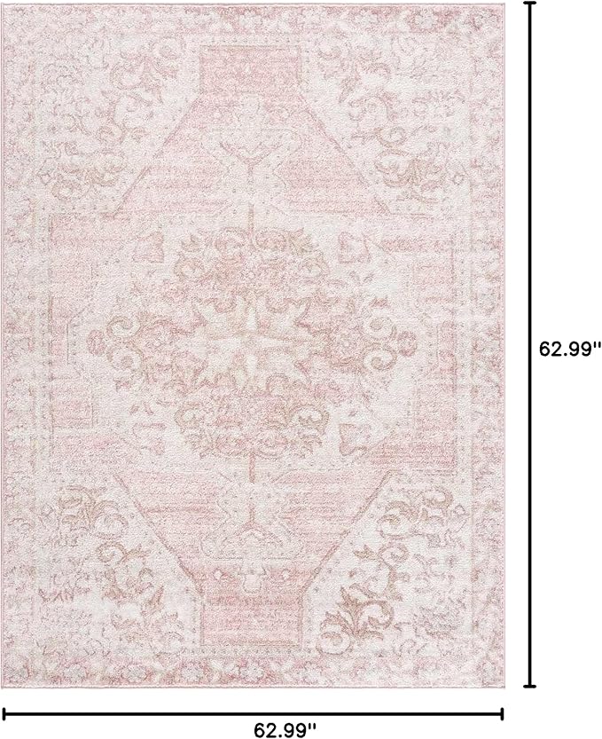 BoutiqueRugs Blush & Light Pink Collection Snead Bohemian Oriental Medallion Area Rug - Traditional Floral Carpet for Living Room, Bedroom - Blush, Pale Pink, Cream - 5'3" Square