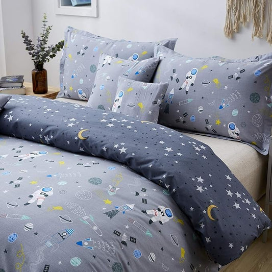 Brandream Boys Outer Space Astronaut Bedding Kids Bedding Sets Twin Size Grey 100% Cotton Duvet Cover Sets Reversible Zipper Closure