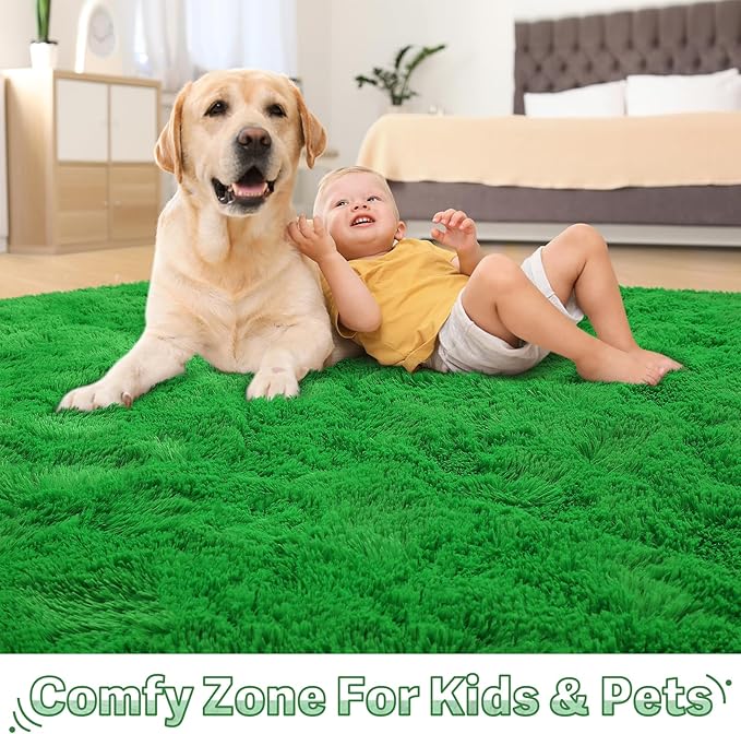 BENRON Green Fluffy Rugs for Living Room Bedroom 4x6, Soft Plush Fuzzy Shaggy Rugs for Kids Girls Boys Room Decor, Washable Indoor Floor Carpets