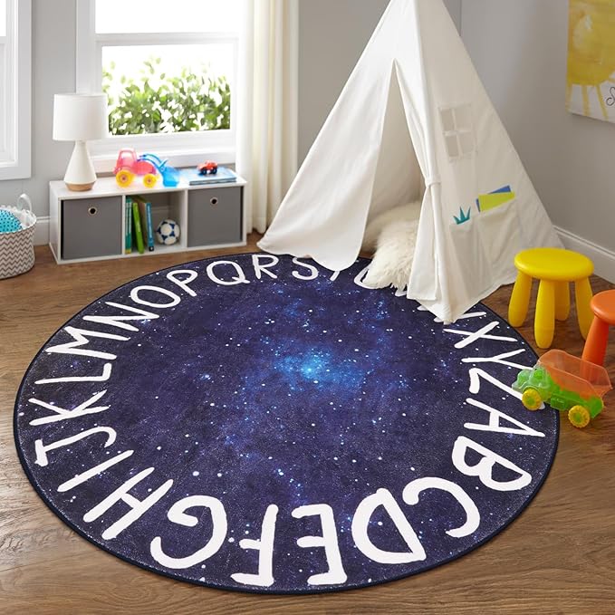 LIVEBOX Kids Play Room Round Rug for Bedroom, ABC Washable Rug for Classroom, Large Circle Rug for Playroom,Galaxy ABC Rugs Educational Learning Carpet for Classroom Dorm(71",Star Blue)