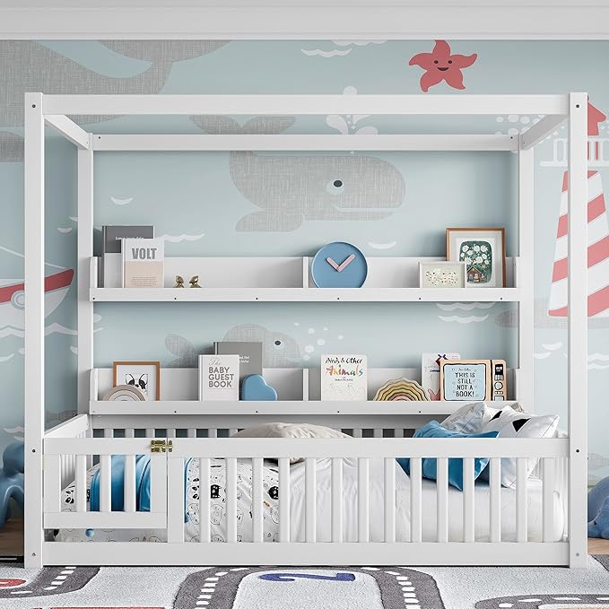 Polibi Full Size Montessori Floor Bed with Guardrails, Low Profile Solid Wood Canopy Frame with Built-in Shelves, No Box Spring Needed, for Kids & Teens, White