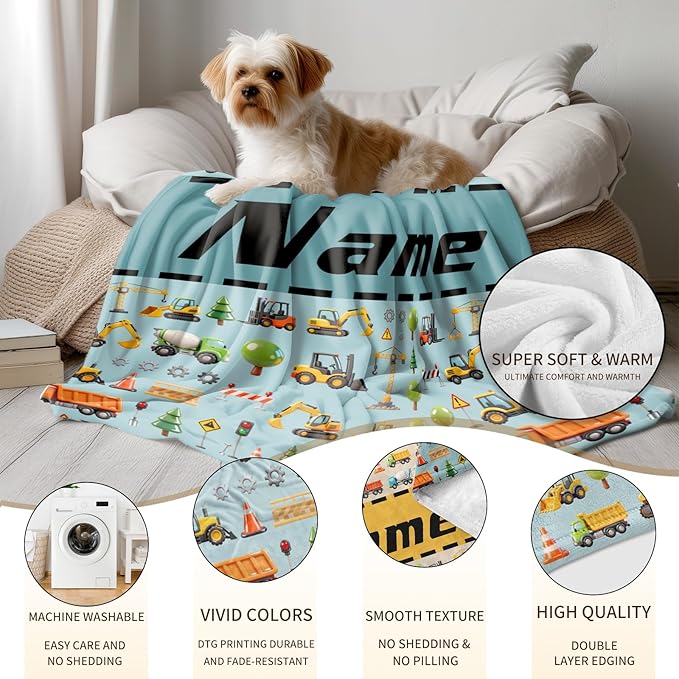 Ship Next Day, Personalized Truck Blanket - Printed in USA, Custom Name Blankets for Kids with Engineering Vehicle, Home Bedding Bed Decor, Fun Birthday Gift for Boys&Girls Women Man