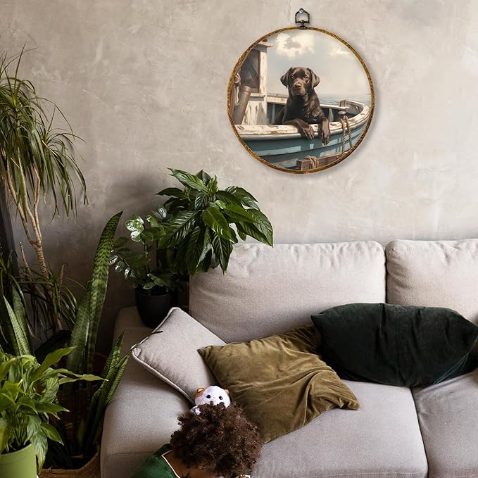 Hiuwevt Nautical Labrador Retriever Round Wall Art Decor, Chocolate Lab Gift Framed Canvas Prints, Coastal Nautical Lab Dog Round Wall Hanging Decor for Home Bedroom Room Decorations, 10x10 Inches