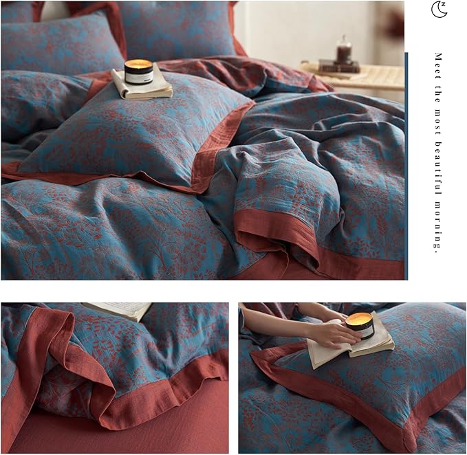 Vintage Blue Floral Duvet Cover Twin XL Size Forest Theme Jacquard Bedding Set Linen Cotton Yarn-Dyed Textured Duvet Cover Burgundy Reversible Tree Leaves Botanical Duvet Cover with Zipper Closure