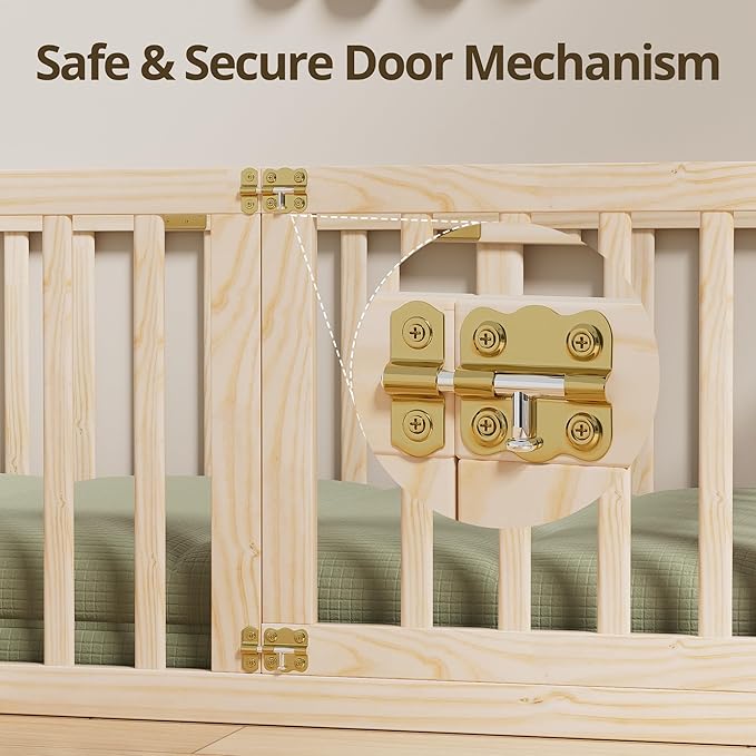 LLS Twin Size High Fence Floor Bed, Solid Wood Multifunctional Montessori Bed Frame with Door for Toddler Kids, Without Slats, Natural