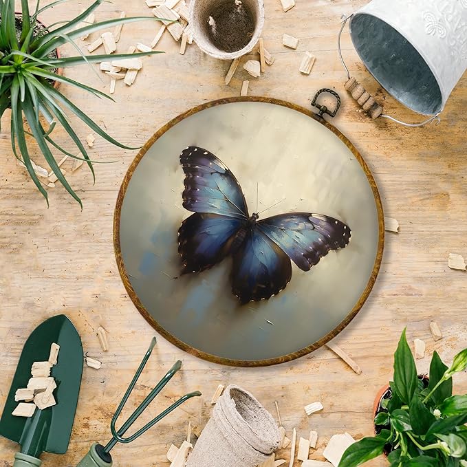 Hiuwevt Vintage Moody Purple Butterfly Round Wall Art Decor, Retro Rustic Butterfly Framed Canvas Prints, Cottagecore Insect Round Wall Hanging Decor for Home Bedroom Decorations, 10x10 Inches
