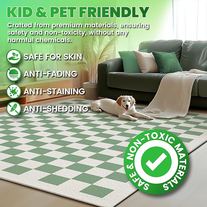 Washable Checkered Rug, 4x6 Sage Green Checkerboard Modern Boho Foldable Large Area Rugs for Living Room, Low Pile Ultra-thin Non-slip Indoor Doormat Carpet for Office Bedroom Playroom Kitchen