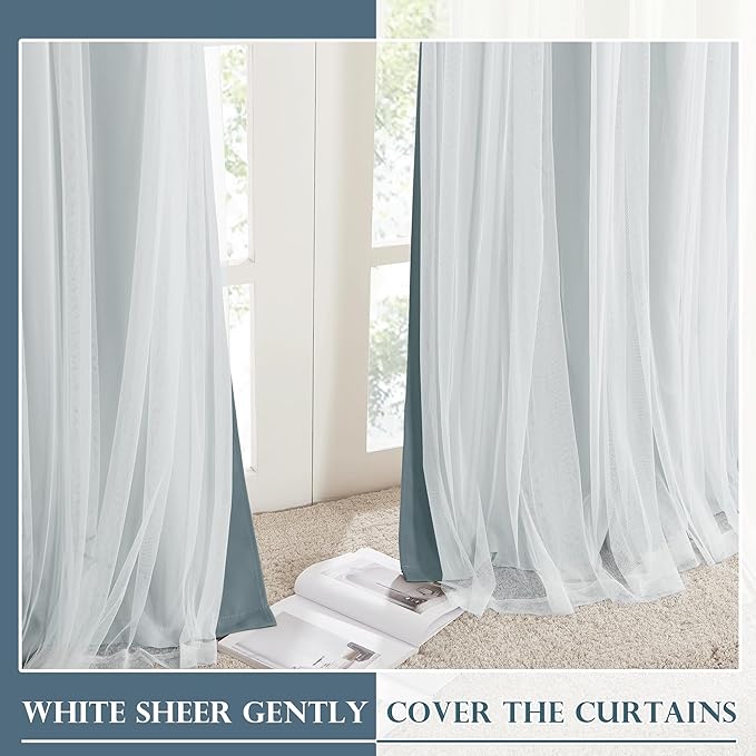 PONY DANCE Blackout Curtains Double Layer Curtains 84 Inches Long with White Sheer Elegance Grommet Window Panels for Girls Kids Room Darkening with Extra Tie-Backs (52x84, Shadow Blue, 2 PCs)