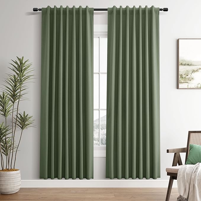 Olive Green Linen 100% Blackout Curtains for Dining Room 2 Panels Set 80 Inches Long Back Tab Hook Belt Funky Heavy Sound Proof Heat Blockingr Curtain for Living Room Nursery Forest Green 52x80