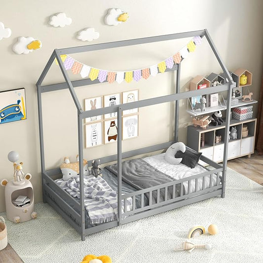 KOMFOTT Twin Size Floor House Bed, Wooden Montessori Bed with Roof & Full-Length Safety Guardrail, Floor Playhouse Bed Frame for Kids, Girls, Boys (Grey)