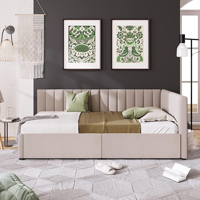 Harper & Bright Designs Upholstered Daybed with 2 Storage Drawers Twin Size Sofa Bed Frame No Box Spring Needed, Linen Fabric (Beige)
