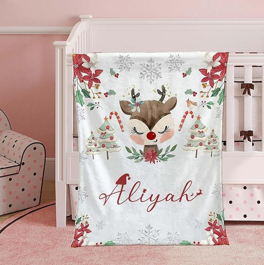Personalized Baby's First Christmas Blanket, Custom Winter Reindeer Nursery Baby Name Christmas Blanket, Soft Fleece Or Sherpa Throw, Baby Shower, Made in USA